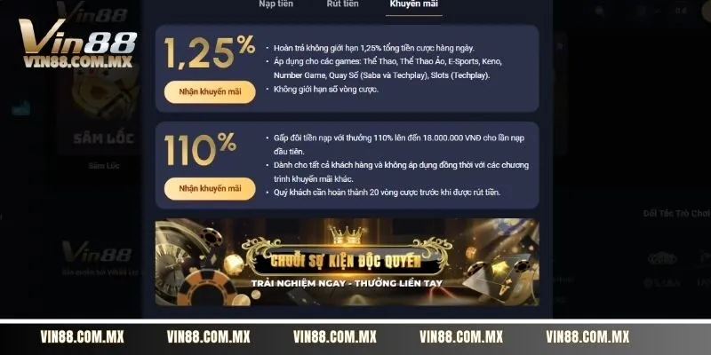 VIN88 luôn thu hút đông đảo game thủ bởi sự kiện khuyến mãi