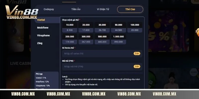 Nạp tiền qua thẻ cào tại Vin88 được nhiều người đánh giá cao